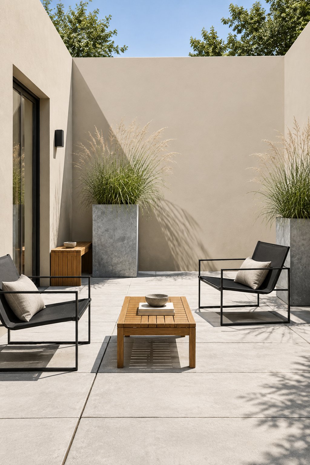 A sunlit minimalist courtyard with stucco walls, concrete pavers, black lounge chairs, grasses in tall planters, and teak accents.