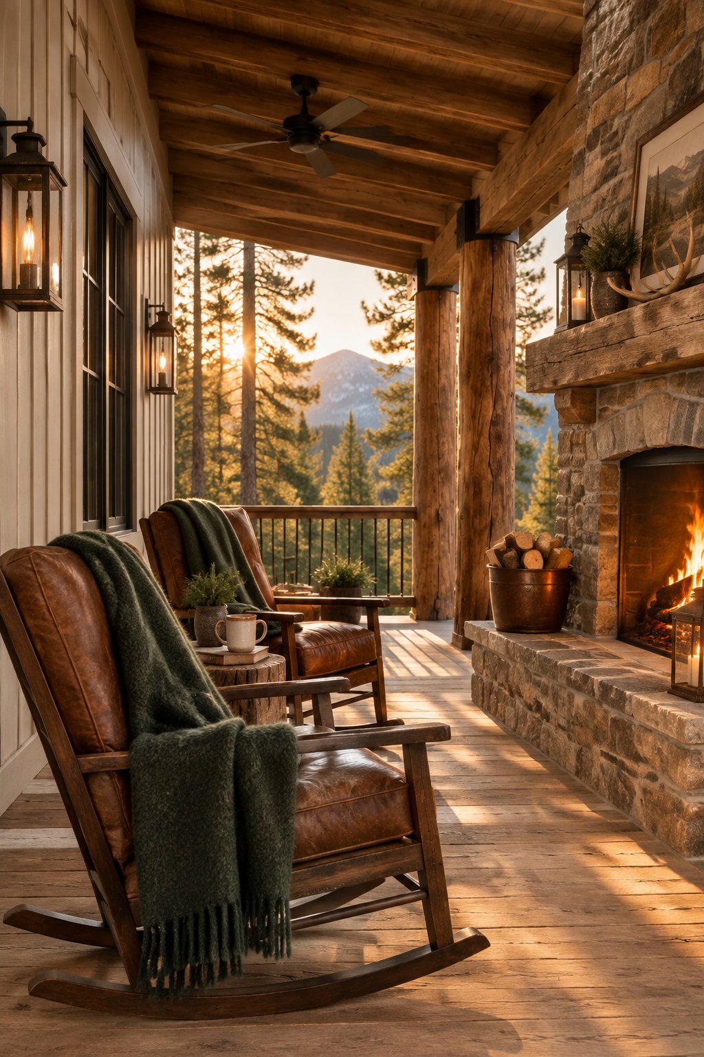 A rustic mountain cabin porch with taupe wood siding, cedar posts, rocking chairs, a stone fireplace, and green blankets.