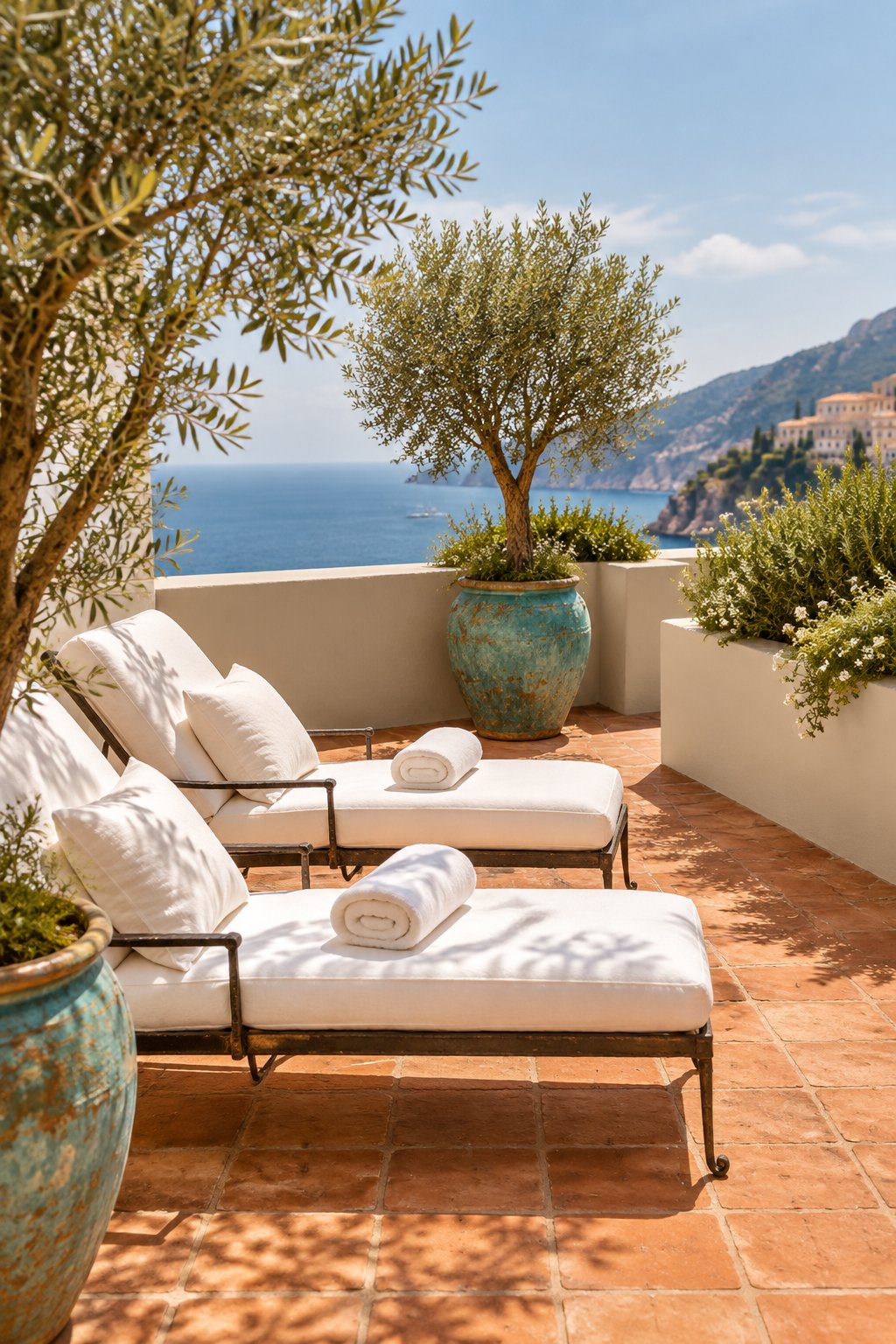 A sunlit Mediterranean terrace with terracotta tiles, olive trees in turquoise pots, and white-cushioned loungers.