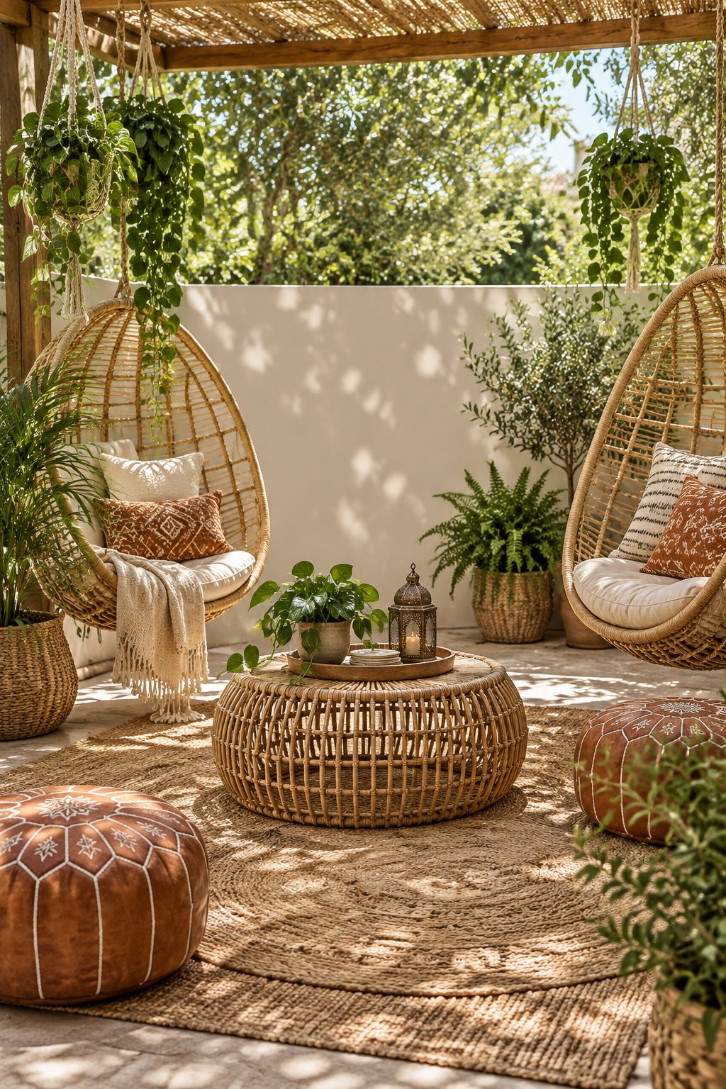 A shaded garden patio with a taupe privacy wall, rattan hanging chairs, outdoor rugs, Moroccan poufs, and cascading green plants.