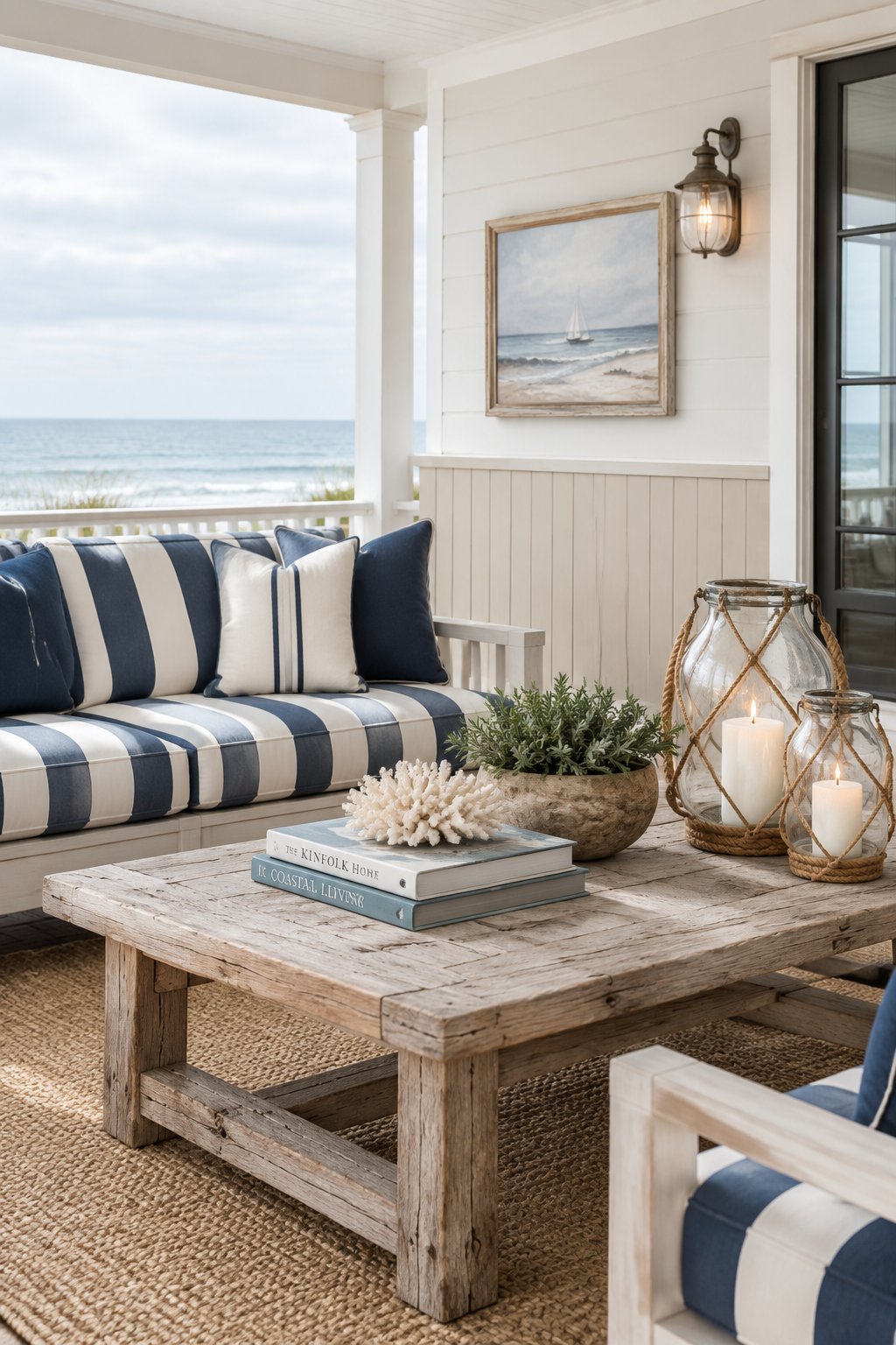 A bright coastal veranda with taupe beadboard walls, striped seating, a driftwood coffee table, and rope-wrapped glass lanterns.
