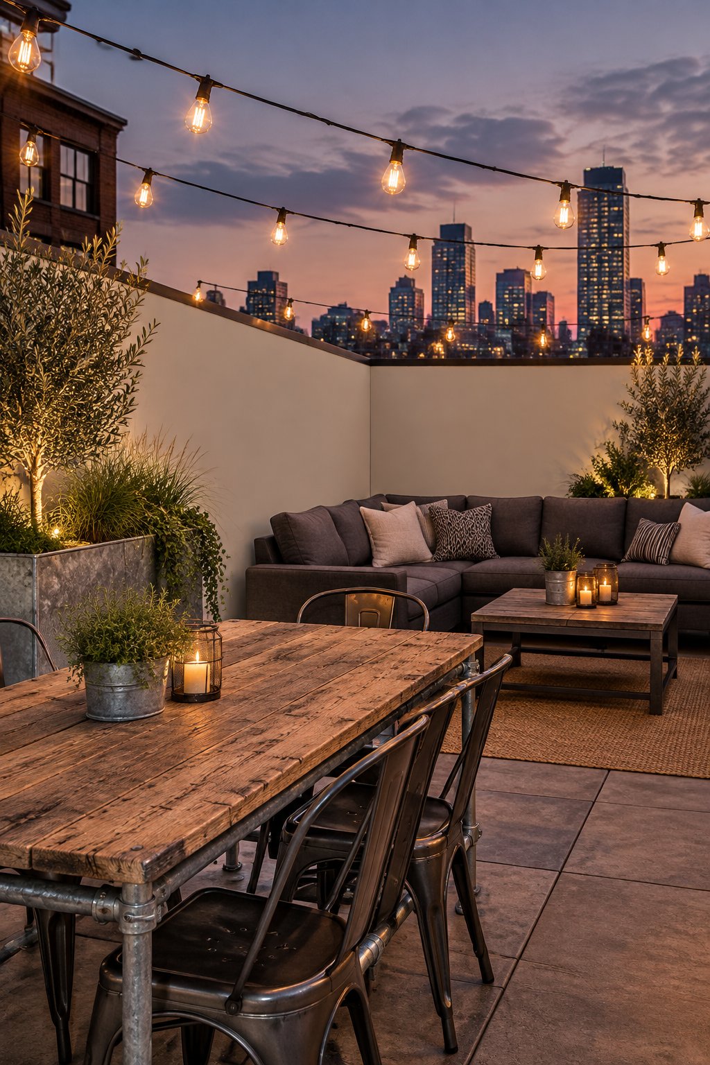 A rooftop deck at twilight with partition walls, string lights, planters, a dining table, outdoor seating, and city lights.