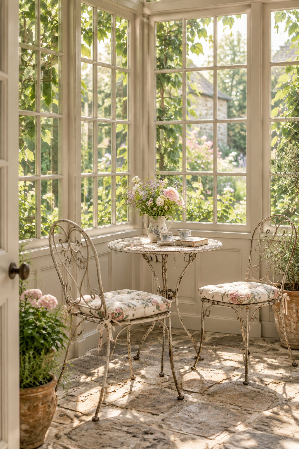 A sunlit cottage porch with mullioned windows, an iron bistro set, ivy, floral cushions, and a stone floor.