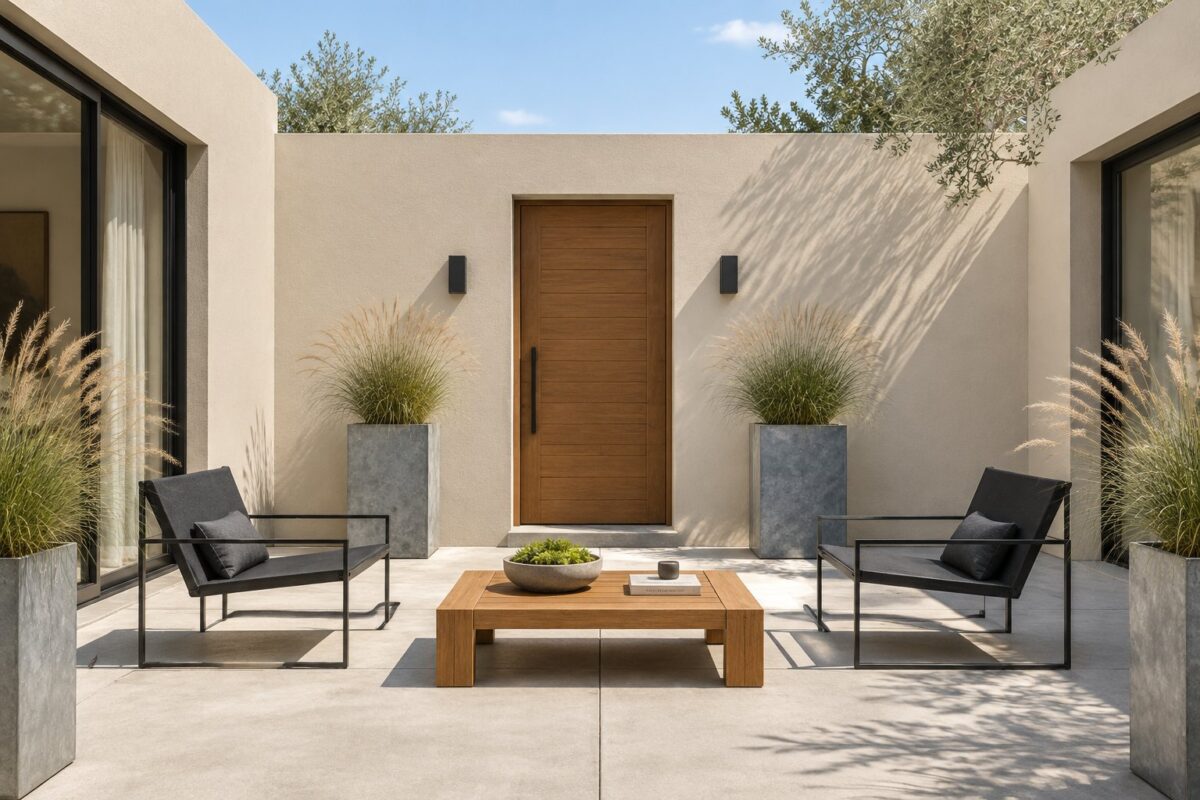 A minimalist courtyard with pale stucco walls, concrete paving, black lounge chairs, tall planters with grasses, and teak accents.
